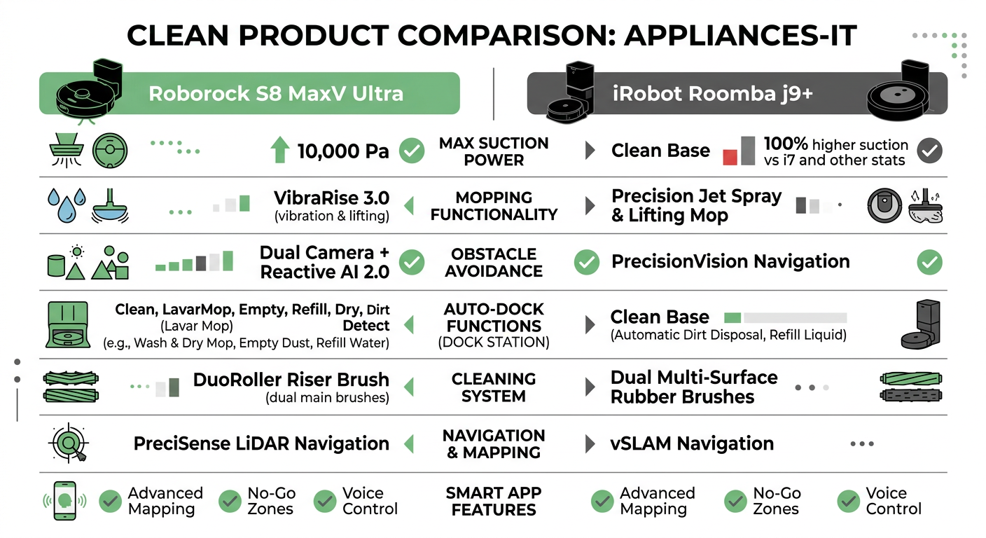 Roborock S8 MaxV Ultra vs iRobot Roomba j9+ 비교