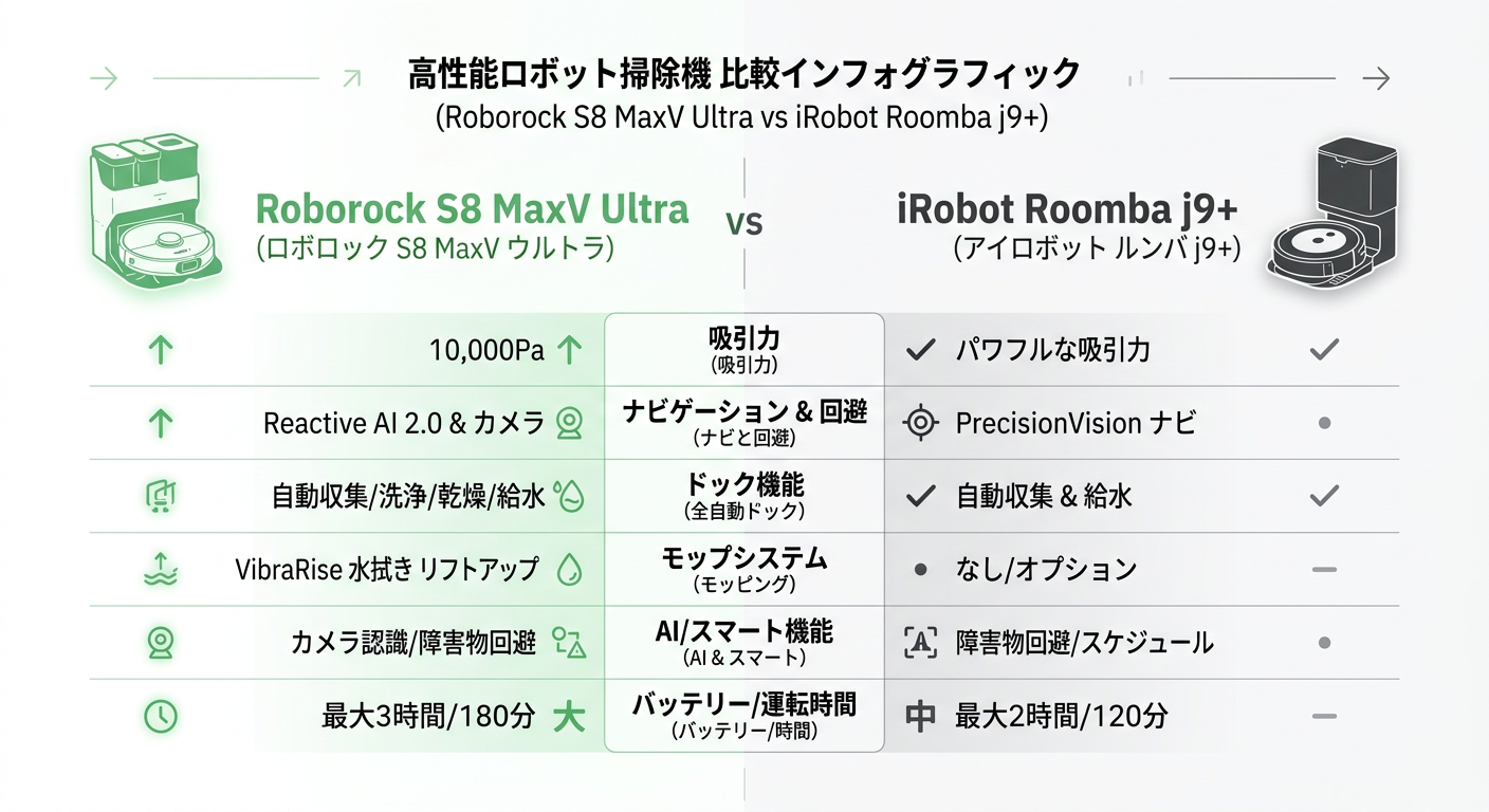 Roborock S8 MaxV Ultra vs iRobot Roomba j9+ 비교