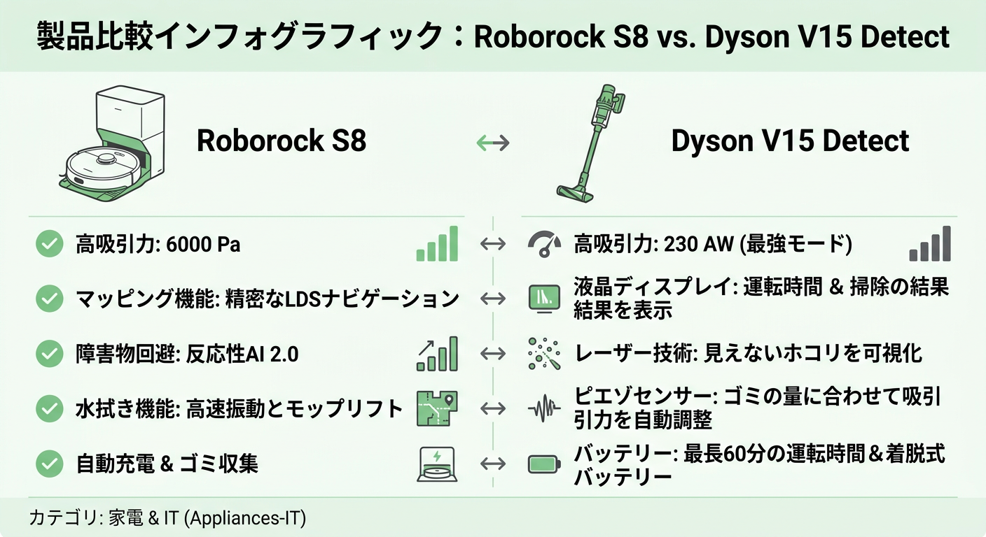 Roborock S8 vs Dyson V15 Detect 비교