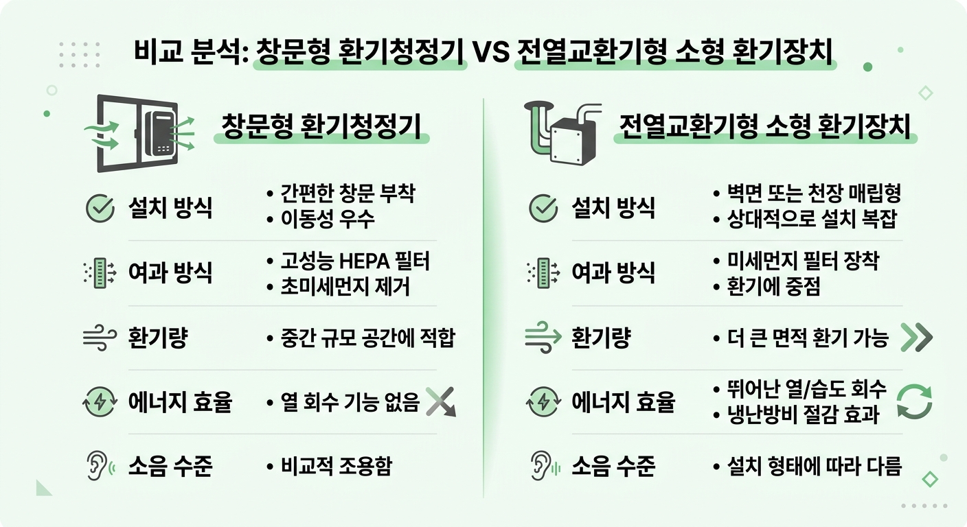 창문형 환기청정기 vs 전열교환기형 소형 환기장치 비교