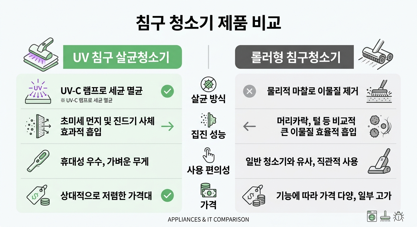 UV 침구 살균청소기 vs 롤러형 침구청소기 비교