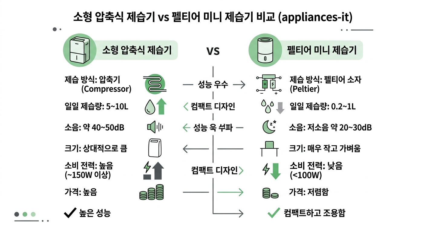 소형 압축식 제습기 vs 펠티어 미니 제습기 비교