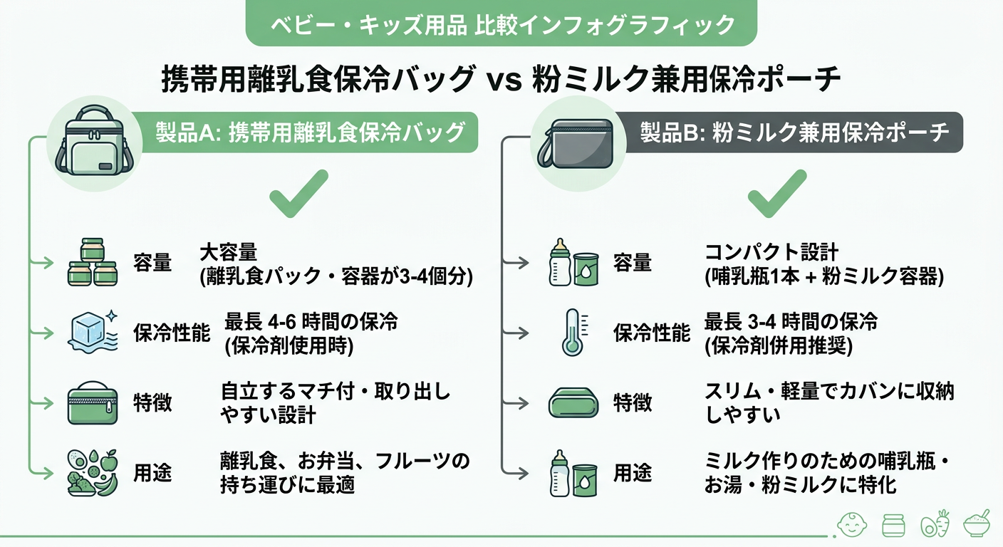 携帯用離乳食保冷バッグ vs 粉ミルク兼用保冷ポーチ 비교