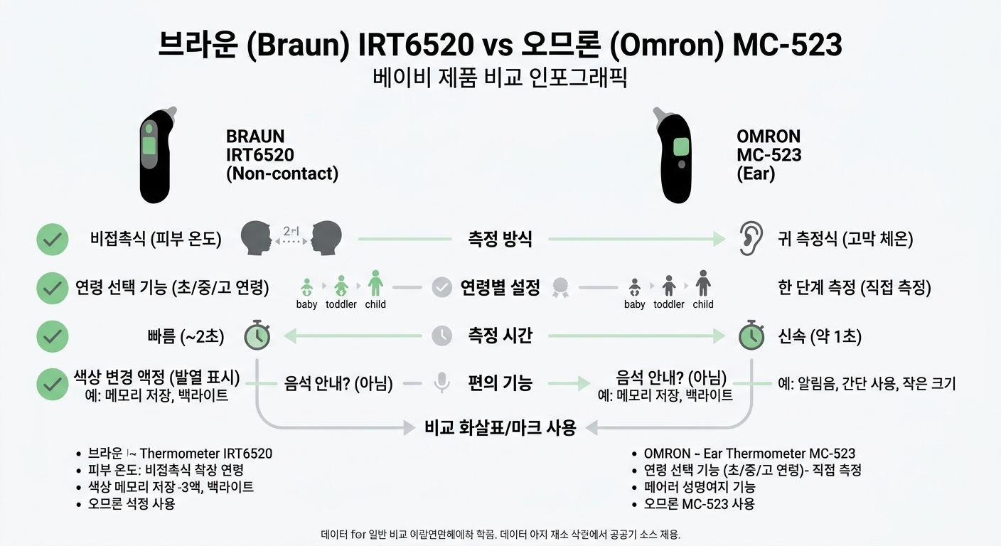 브라운 비접촉 체온계 IRT6520 vs 오므론 귀 체온계 MC-523 비교