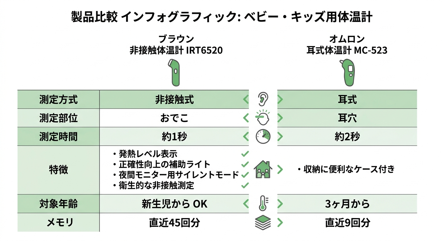 Braun 非接触体温計 IRT6520 vs オムロン 耳式体温計 MC-523 비교