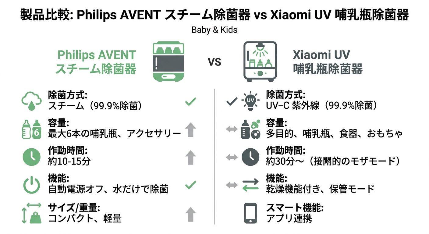 Philips AVENT スチーム除菌器 vs Xiaomi UV 哺乳瓶除菌器 비교