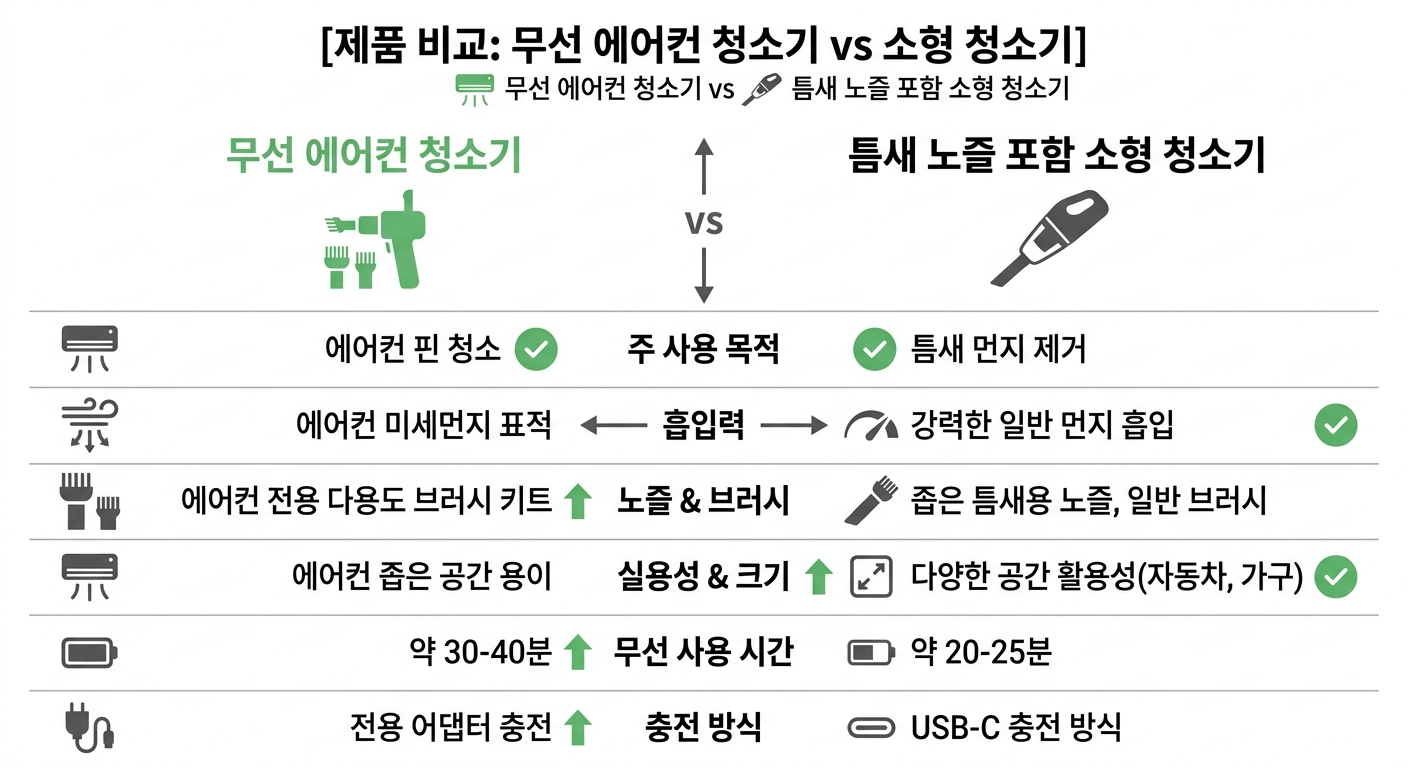 무선 에어컨 청소기 vs 틈새 노즐 포함 소형 청소기 비교