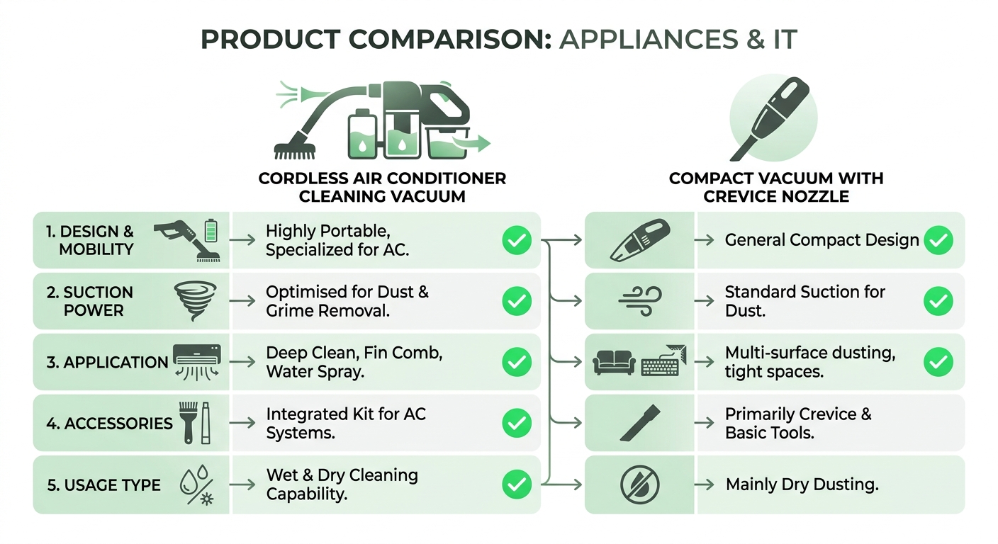 Cordless Air Conditioner Cleaning Vacuum vs Compact Vacuum with Crevice Nozzle 비교
