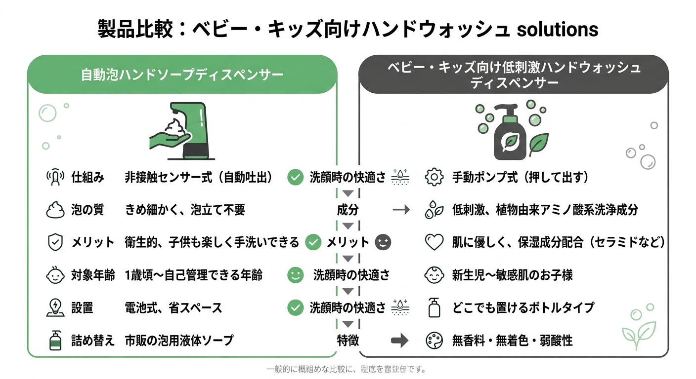 自動泡ハンドソープディスペンサー vs ベビー・キッズ向け低刺激ハンドウォッシュディスペンサー 비교
