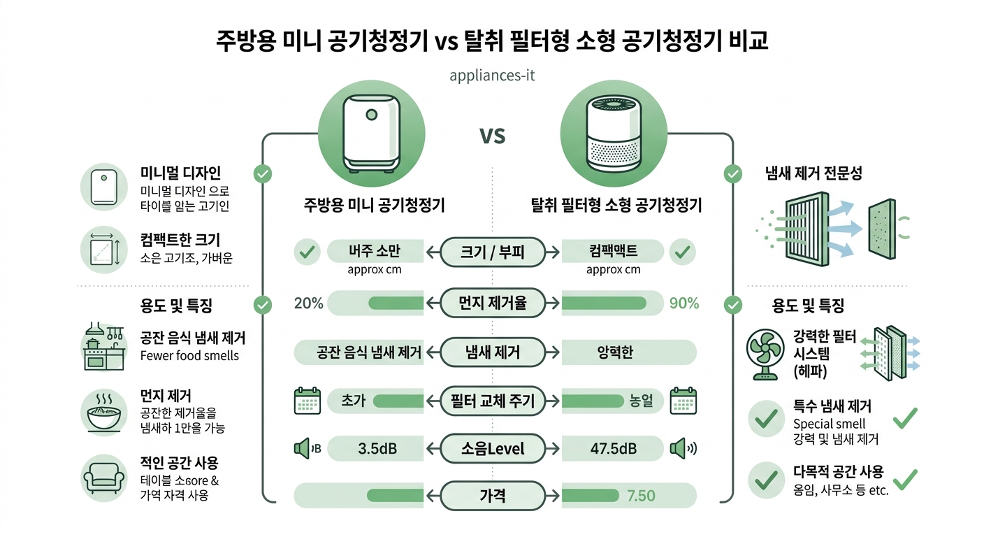 주방용 미니 공기청정기 vs 탈취 필터형 소형 공기청정기 비교