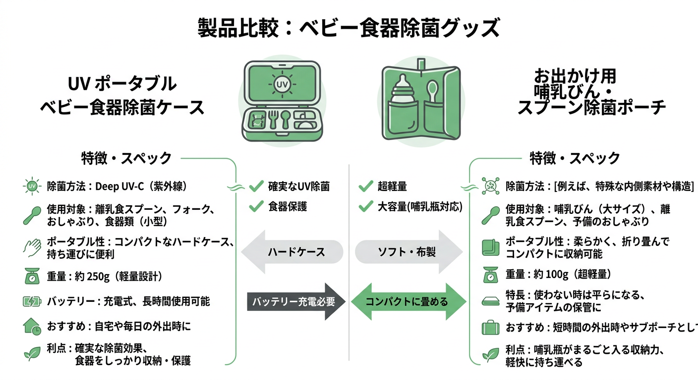 UVポータブルベビー食器除菌ケース vs お出かけ用 哺乳びん・スプーン除菌ポーチ 비교
