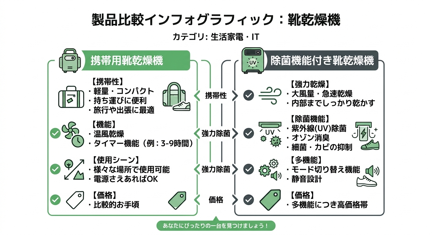 携帯用靴乾燥機 vs 除菌機能付き靴乾燥機 비교