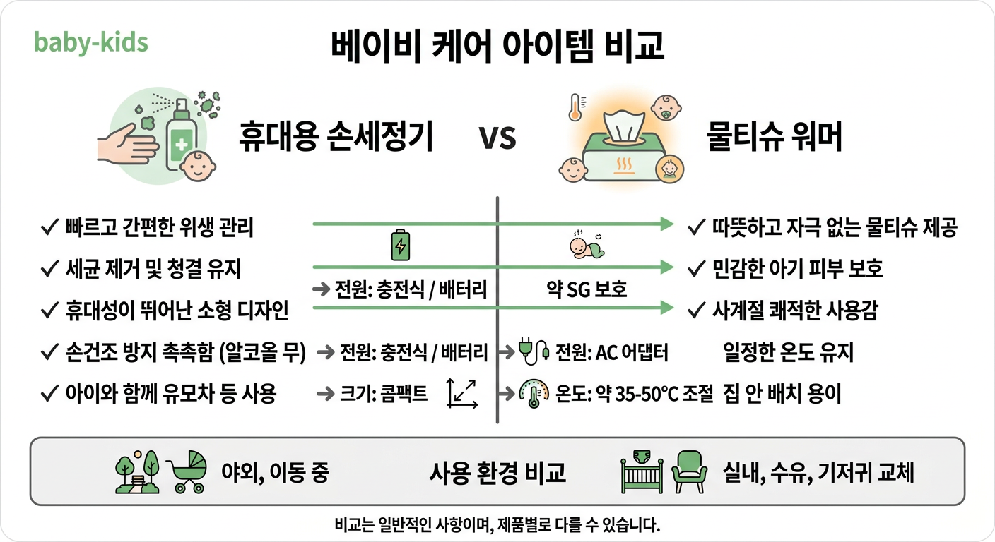 휴대용 손세정기 vs 물티슈 워머 비교