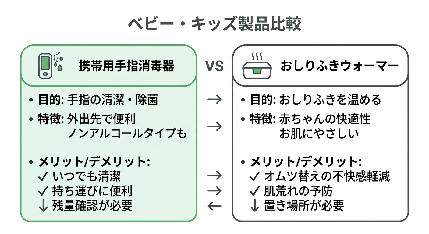 携帯用手指消毒器 vs おしりふきウォーマー 비교