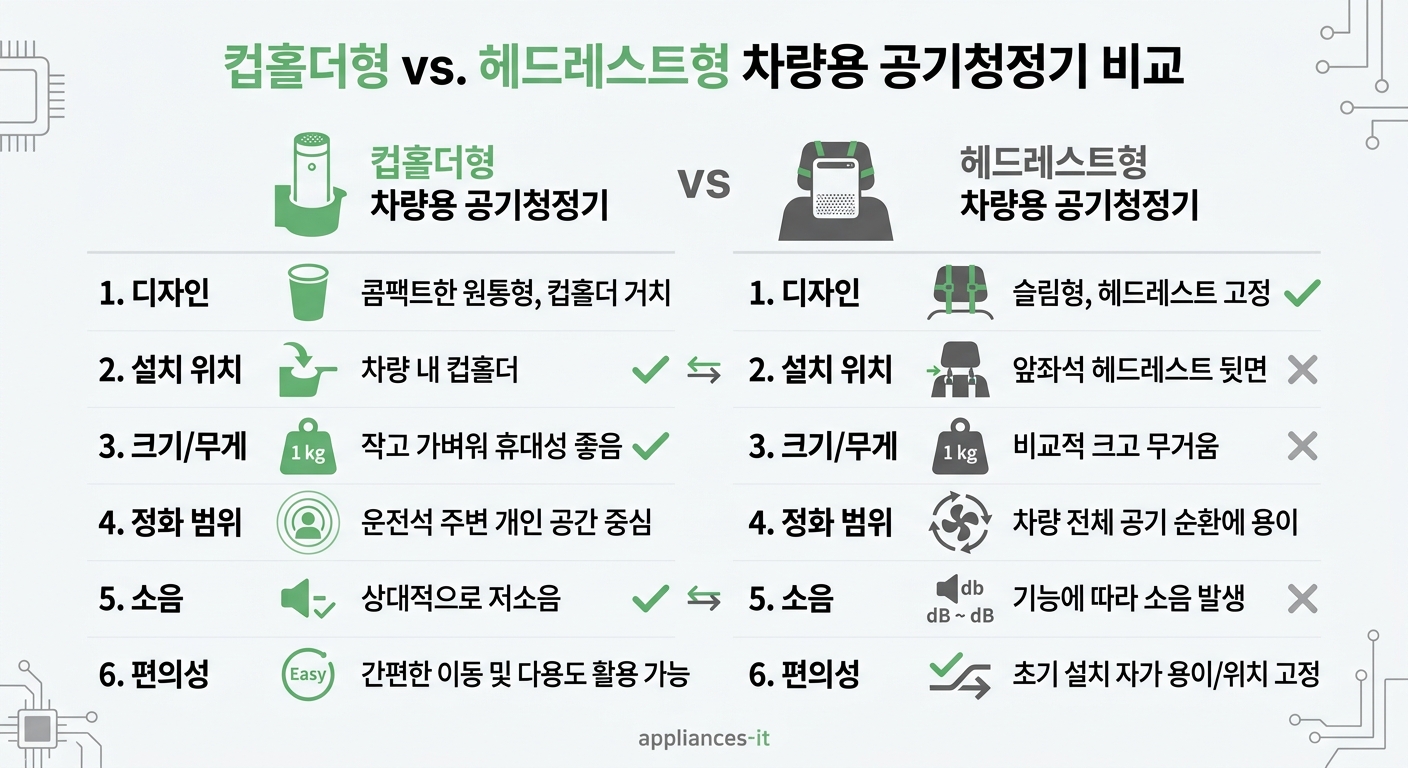 컵홀더형 차량용 공기청정기 vs 헤드레스트형 차량용 공기청정기 비교