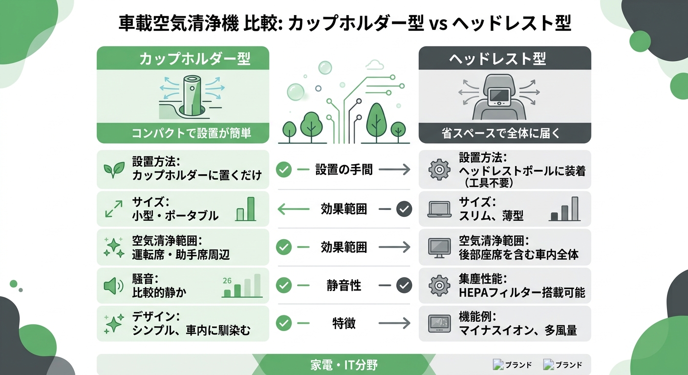 カップホルダー型車載空気清浄機 vs ヘッドレスト型車載空気清浄機 비교