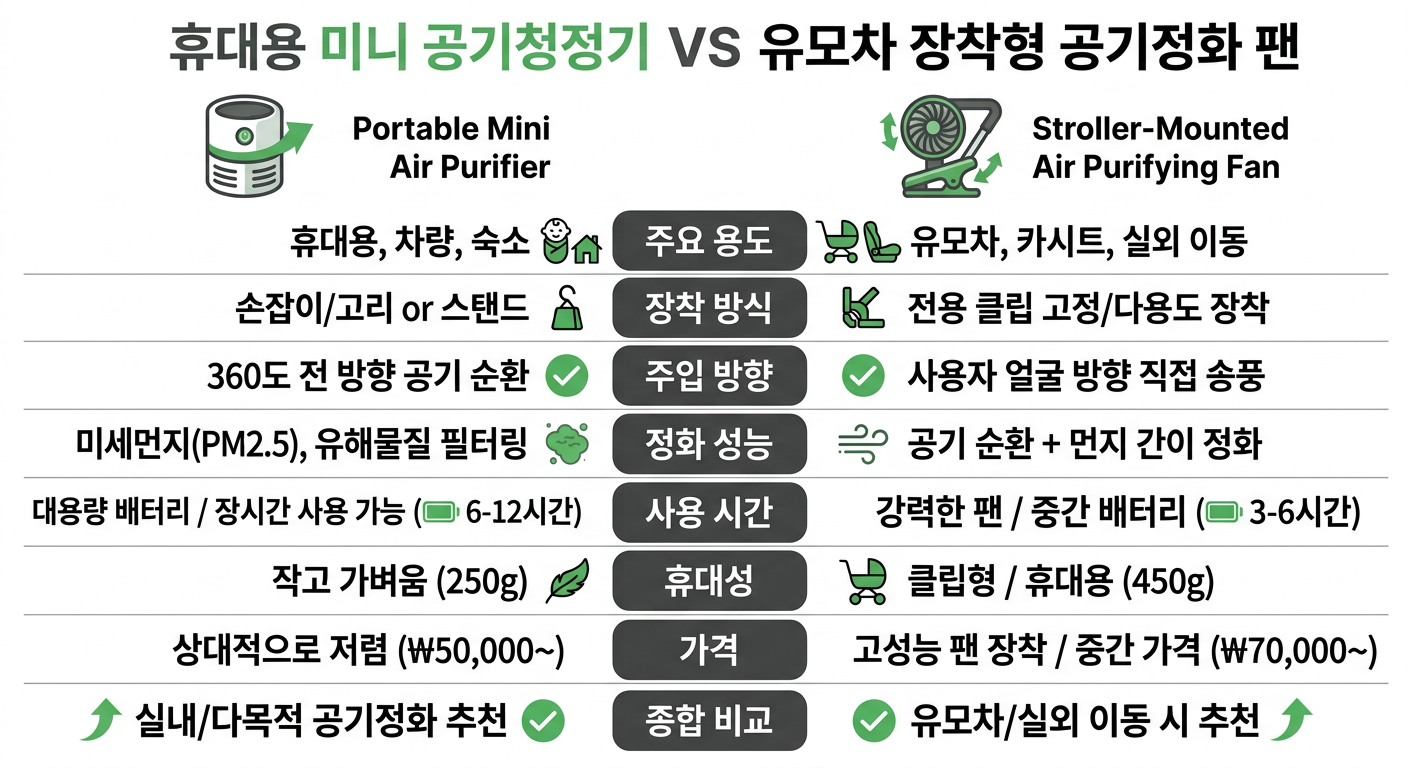휴대용 미니 공기청정기 vs 유모차 장착형 공기정화 팬 비교