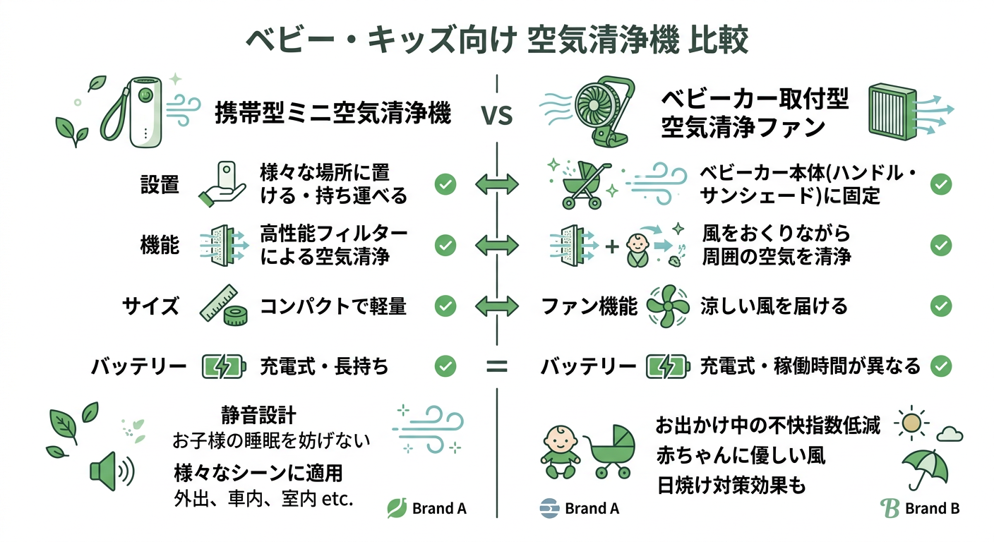 携帯型ミニ空気清浄機 vs ベビーカー取付型空気清浄ファン 비교