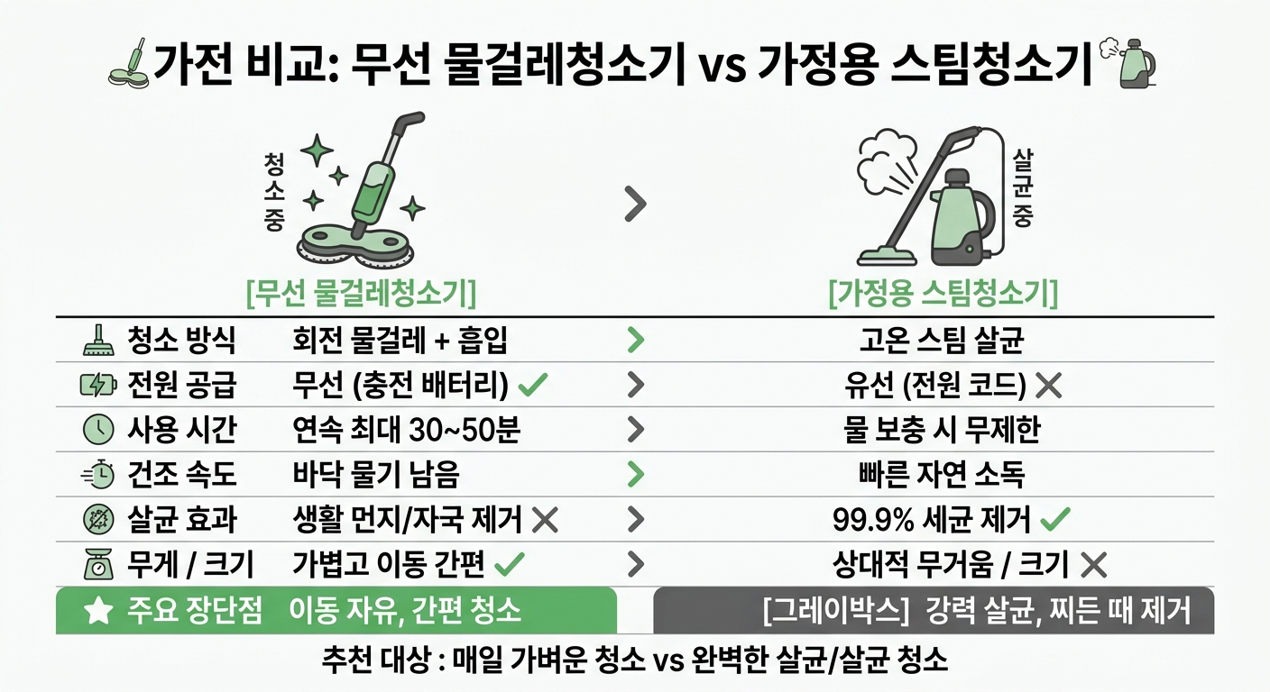 무선 물걸레청소기 vs 가정용 스팀청소기 비교