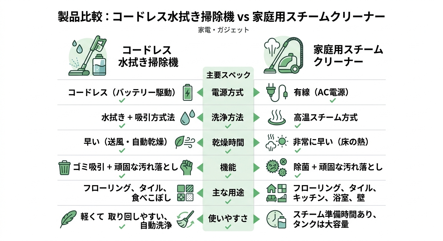 コードレス水拭き掃除機 vs 家庭用スチームクリーナー 비교