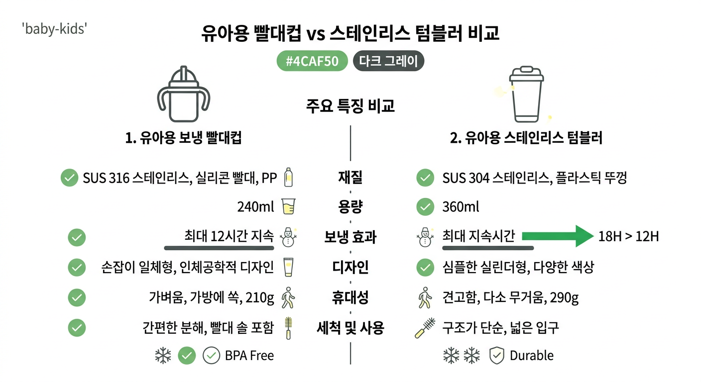 유아용 보냉 빨대컵 vs 유아용 스테인리스 텀블러 비교